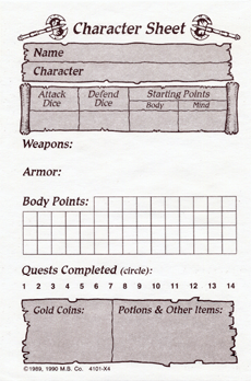 HeroQuest Game System Character Sheet